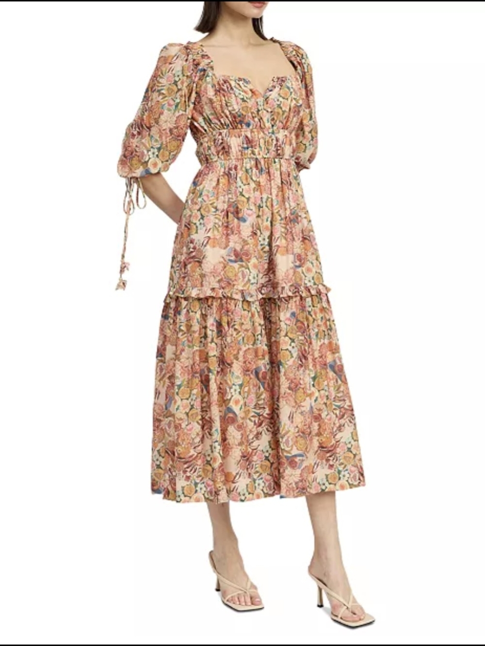 En Saison Peach Floral Puff-Sleeve Midi Dress